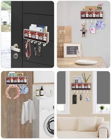 Red Chef Key Holder Wall Mount, Black White Check White Hanging Mail Organizer with 5 Key Hooks Wall Decorative, Adhesive Key Rack with Shelf for Hallway Kitchen Farmhouse Entryway Decor - Image 6