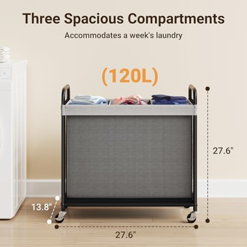 ELYKEN Laundry Hamper 3 Section, 120L Rolling Laundry Sorter with Wheels - Image 3