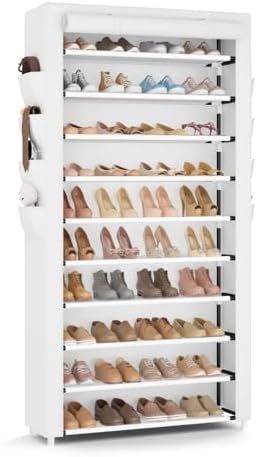 VTRIN Tall Shoe Rack with Cover, 10 Tier Shoe Organizer Storage for 50-55 Pairs Shoes and Boots Large Capacity Shoe Shelf with 8 Pockets Free Standing Shoe Rack for Closet, Entryway, Garage, White by VTRIN