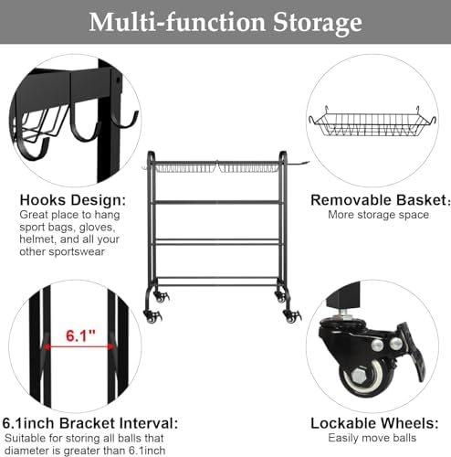 Ball Organizer with Wheels, 4 Tier Basketball Storage Cart, Black - Image 5