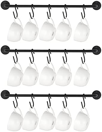 Mkono Mug Holder Wall Mounted Coffee Cup Rack Hanger Modern Metal Wall Rack with 15 Mug Hooks Rustic Utensil Tea Cups Storage Organizer for Kitchen Dining Room Coffee Bar, Set of 3, Black by Mkono