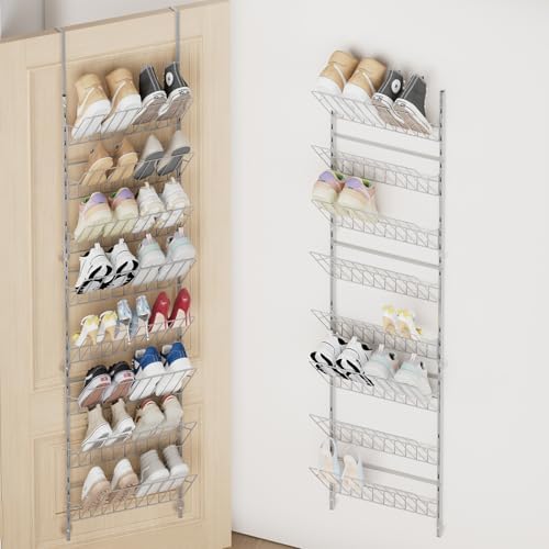 SWTYMIKI Over the Door Shoe Organizer - Adjustable 8 Tier Hanging Shoe Rack Organizer, Metal Heavy Duty Behind Door Storage or Wall Mount Shoes Shelf for Flats, Heels, Sneakers, Boots, Silver by SwtyMiki-TidyHomeSweetLife