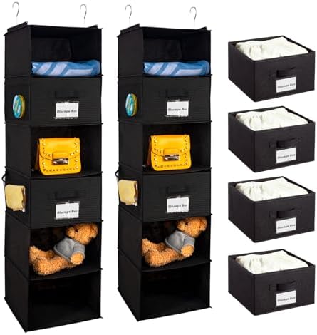BrilliantJo 2 Pack 6 Shelves Hanging Closet Organizer with 2 Drawer, Hanging Storage with 4 Side Pockets for Clothes Shoes, 43.5"x12"x12"(Black) by BrilliantJo