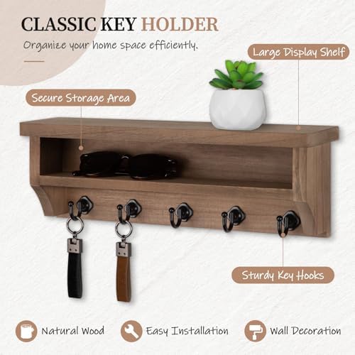 Nekon Key Holder Wall Mount, Wall Organizer Shelf with 5 Key Hooks - Image 2