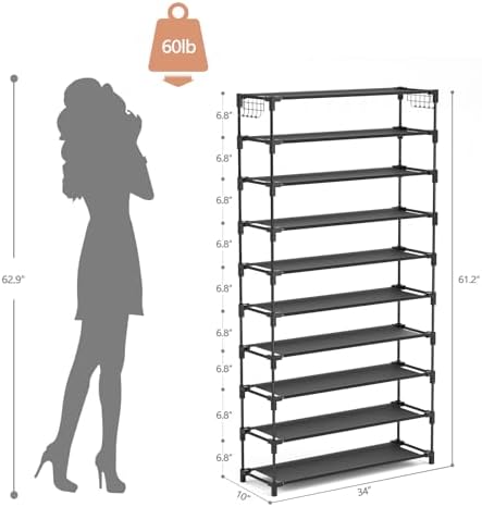 LANTEFUL 10 Tiers Shoe Rack Large Capacity Tall Shoe Organizer Sturdy Shoe Storage with Two Hooks Space Saving Metal Wide Shoe Rack for Closet, Entryway, Bedroom, Black - Image 3