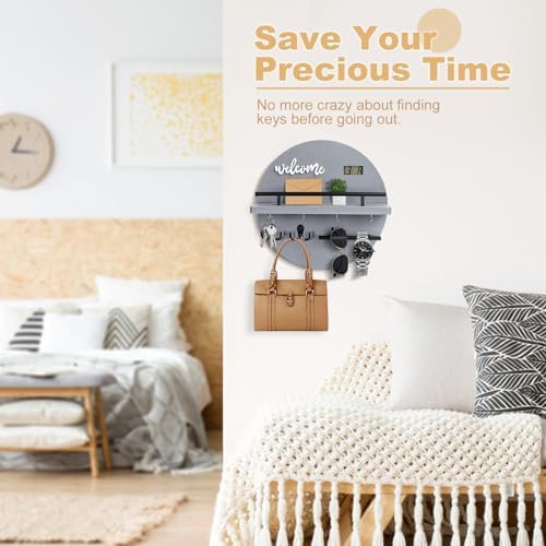 Key Holder for Wall, Key and Mail Holder Organizer with - Key Holder Wall Mount - Round Wooden Rustic Home Decor for Entryway, Mudroom, Hallway, Kitchen Office (Gray) - Image 5
