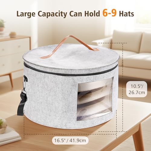 HEAVYWOOD Hat Box for Women Storage Travel Felt Hat Case for Wide-Brim Cowboy Hat Storage Foldable Organizer for Closet Large Round Hat Carrier with Portable Handle Shoulder Strap (Light Gray) - Image 3