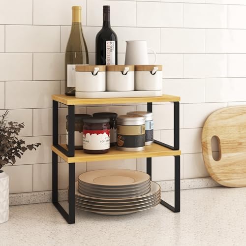 Kitchen Cabinet Organizer Shelf Set of 4, Sturdy Kitchen Counter Shelves with Metal Legs, Stackable Expandable Wood Spice Rack Pantry Cupboard Dish Mug Cup Storage Organizer Shelf,Black+Bamboo - Image 3