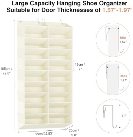 LANTEFUL Over the Door Shoe Organizer, Hanging Shoe Rack for Closet Door Shoe Storage for 30 Pairs Sneaker and Boots, Large Shoe Holder for Door with 10 Side Pockets, Space Saving, Beige - Image 3