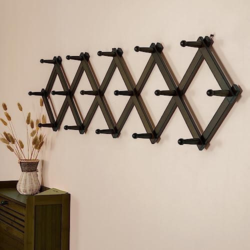SKOLOO Accordion Wall Hanger with 16 Hooks, Modern Expandable Coat Rack Hat Rack for Wall, Solid Wooden, Dark Walnut Color - Image 3