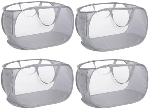 4 Pack Collapsible Laundry Baskets, Foldable Laundry Basket with Pocket, Durable Pop Up Hampers, Reinforced Handles Dirty Clothes Hamper for Laundry, Bedroom, Bathroom, Dorm, Travel or Camping Grey by Bemkoo
