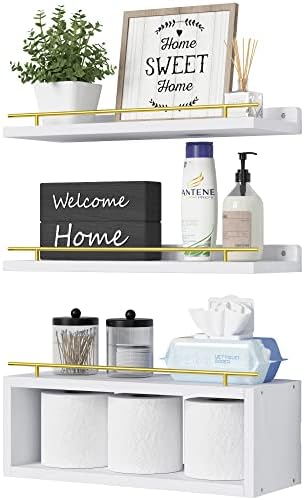WOPITUES Floating Shelves for Wall with Cube Shelf, Wall Shelves with Metal Rail for Decor, Bathroom Organizers and Storage, Over Toilet Shelves for Bathroom, Toilet Paper-White&Gold by WOPITUESOfficial