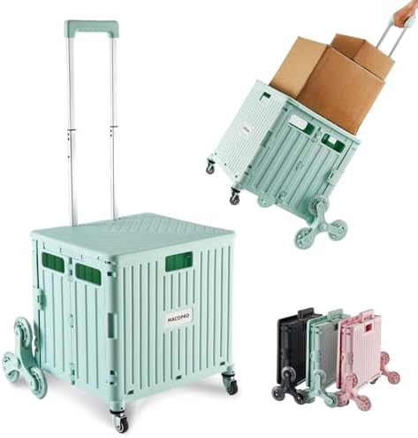 MACOPRO Foldable Utility Cart with Stair Climbing Wheels, Collapsible Rolling Crate with Telescoping Handle, Shopping Trolle Handcart Grocery Book File Tool Art Supplies Teacher Storage Basket(Green) by MACOPRO