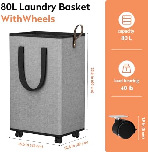 SpaceTrove Rolling Laundry Basket with Wheels, Laundry Hamper, 80L, Grey - Image 2