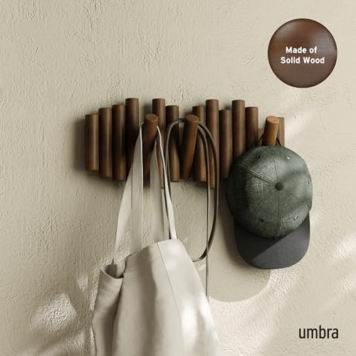 Umbra Picket Coat Rack, Wall Mount 5 Flip-Down Coat Hooks, Walnut - Image 2