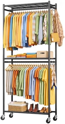 Sakugi Clothes Rack - 33.0" x 12.2" x 79.5" Clothing Rack with Shelves & Wheels, Multi-Functional Wardrobe Closet with Hooks, Sturdy Metal Garment Rack for Bedroom, Laundry, Balcony (Black) by Sakugi