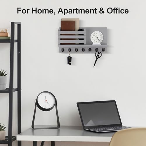 Lwenki Key Holder for Wall – Decorative Wooden Mail Holder and Key Shelf with Mounting Hardware, Installation Guide – Paulownia Wood with Metal Key Hooks (Gray, Extra Large - 15.6inch) - Image 4