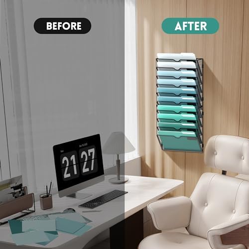 SUPEASY 10-Tier Wall File Organizer, Hanging Wall Files for Papers, Folders, Magazines, Wall Organizer for Clipboard, Assembly Needed, Black, 2 Pack - Image 7