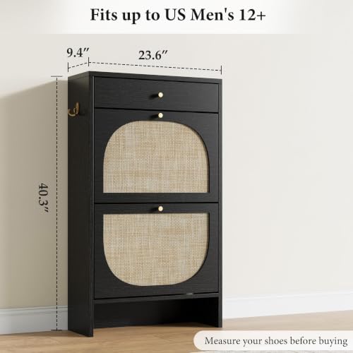Nicetree Shoe Cabinet for Entryway, Slim Shoe Rack with 2 Flip Drawers and Top Storage Drawer, Narrow Shoe Organizer with Printed Rattan-Look Design, Entryway Shoe Storage for Size 12+ Shoes, Black - Image 2
