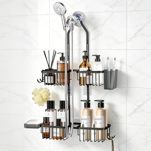 Adjustable Hanging Shower Caddy for Handheld Showerhead, Rustproof Aluminum Over Shower Head Organizer, Renter-Friendly No-Swing Storage for Tall Bottles & Soap, 2-Tier, Black by MSAICOE