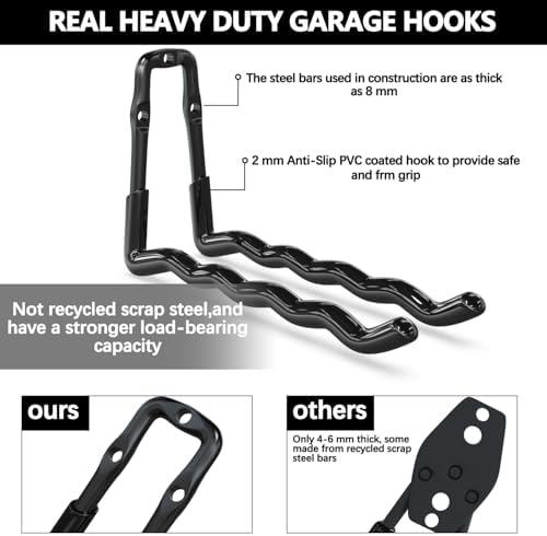 3-H Super Heavy Duty Garage Wall Hooks 18 Pack, One-Piece Construction Garage Wall Hooks, Garage Hanger & Organizer Wall Mount for Ladders, Bikes, Chairs, WeedEaters, Shovels, Garden Tools (Black) - Image 3