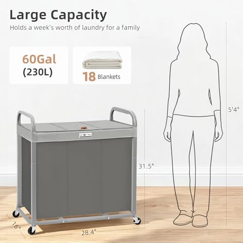 STORAGE MANIAC Laundry Hamper 3 Section with Lid Rolling Laundry Basket - Image 3