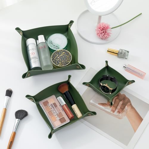 3 packs PU Leather Tray in 3 Sizes Jewelry Tray Glossy Leather Desk Organizer Leather Catchall Tray for Jewelry/Key/Coin/Sun Glasses/Watch/USB Cables etc. (Avocado green) - Image 4