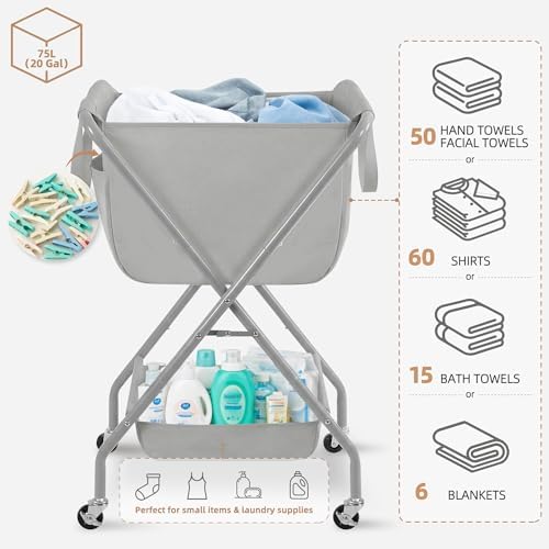 STORAGE MANIAC Collapsible Laundry Cart with Wheels 35.6"H Removable Canvas Bag Rolling Laundry Hamper Clothes Basket with Wheels, Sturdy Steel Frame Folding for Small Narrow Space Easy Storage, Grey - Image 4