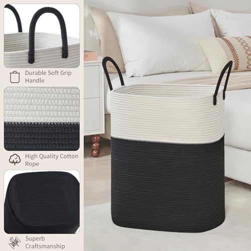 AINUOQI Laundry Basket with Handles - Blanket Basket & Hampers for Bedroom Aesthetic, Laundry Hamper & Blanket Storage for Living Room, Clothes Hamper, Tall, Large 17" x 14" x 25”, White & Black - Image 2