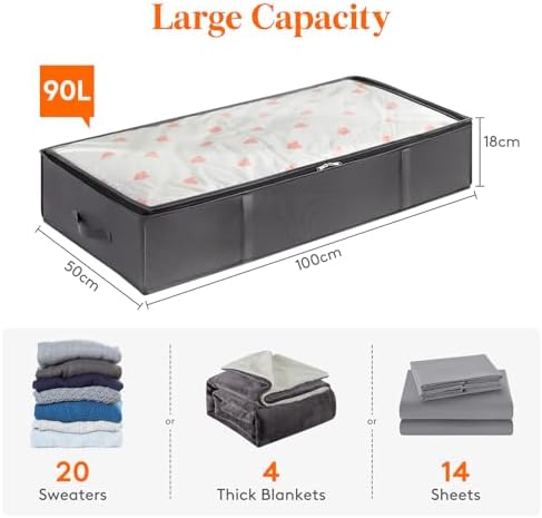 Lifewit 95L 2 Pack Under Bed Storage Containers, Large Capacity Blanket Storage Bags with Reinforced Handle, Organization and Storage for Comforters, Sheets, Clothes, Bedroom, College Dorm, Grey | Storage Box with Lid, Foldable Clothes Storage, Moving ... - Image 2