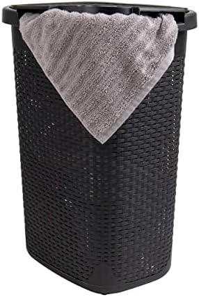 Mind Reader 60L Slim Laundry Hamper, Clothes Basket, Lid, Wicker Design, Plastic, 17.65"L x 13.75"W x 24.15"H, Black by MindReader