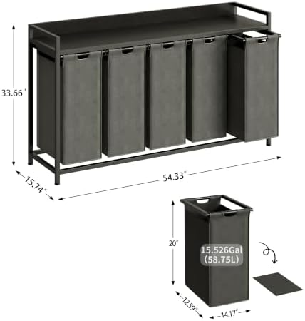 Herture Laundry Hamper with Shelf, Laundry Basket 5 Section, Laundry Sorter with Pull-Out Removable Large Bags and Movable Wheels, Metal Frame, 5 x 15.87 Gallons (60L), Black PF08XLB - Image 2