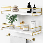 Forbena Floating Bathroom Shelves Wall Mounted, Aesthetic White and Gold Shelves for Bathroom Accessories, Modern Bathroom Organizer with Tower Bar for Wall Decor Storage Small Spaces, Set of 2 by Forbena