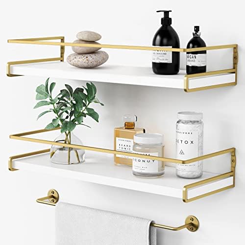 Forbena Floating Bathroom Shelves Wall Mounted, Aesthetic White and Gold Shelves for Bathroom Accessories, Modern Bathroom Organizer with Tower Bar for Wall Decor Storage Small Spaces, Set of 2 by Forbena