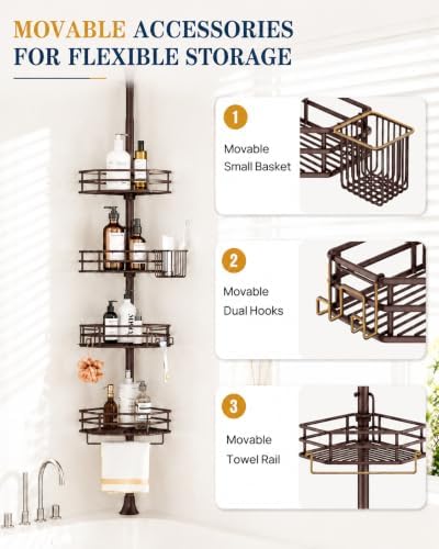 SEIRIONE Corner Shower Caddy Tension Pole, Quick Setup, Rust-Free Bathroom Shower Organizer Corner for Bathtub Shampoo Storage, 4-Tier Adjustable Shelf, Drill Free, Fits 34 to 116 Inch Height, Bronze - Image 4