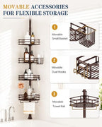 SEIRIONE Corner Shower Caddy Tension Pole, Quick Setup, Rust-Free Bathroom Shower Organizer Corner for Bathtub Shampoo Storage, 4-Tier Adjustable Shelf, Drill Free, Fits 34 to 116 Inch Height, Bronze - Image 4