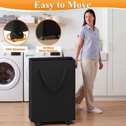 Optish Slim Laundry Basket with Wheels, Black Rolling Hamper for Clothes - Image 2
