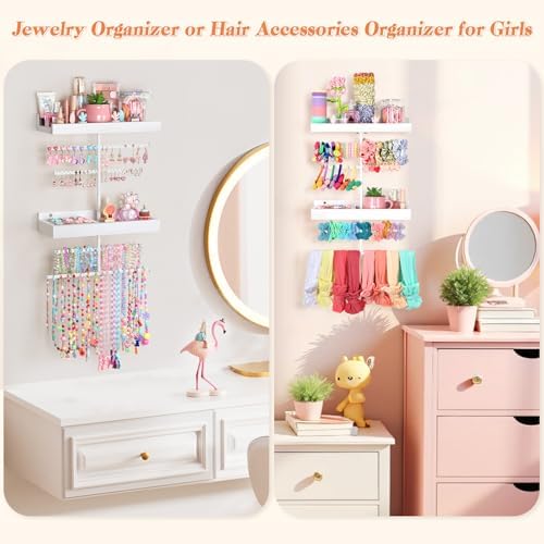 Keebofly Wall Mounted Jewelry Organizer with 2 Tired Shelves & Ring Holder- Jewelry Holder Wall Storage Display for Earrings, Necklace, Bracelet, Hair Accessories for girls in Bathroom Bedroom, White - Image 2