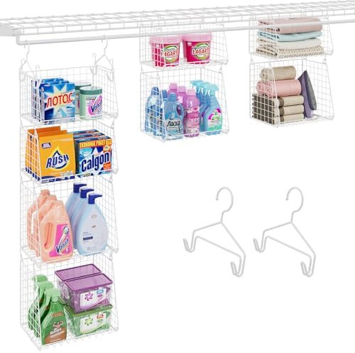 4-Tier Hanging Laundry Room Organizer: Foldable Wire Shelf Basket with 2 Large Hooks 1.65" & 360°Rotating Hooks – Space-Saving Laundry Storage Basket, for Wardrobe Closet Storage, White Patent by Sonyabecca