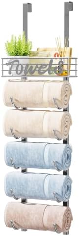HapiRm Towel Racks for Bathroom Storage - 6 Tier Over The Door & Wall Mount Rolled Towel Storage Organizer Holder with Metal Shelf Basket for Small Bathroom, Camper, Rv - Sliver, Patented by HapiRm