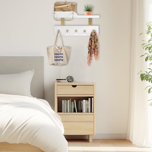Tirzah Key Holder Wall Mount 2-Tier Real Wood White Entryway Organizer Floating Shelf with 5 Gold Metal Hooks, Sunglasses Holder Bar, Guard Rail for Keys, Mails, Hats (14" × 6" × 4") - Image 5