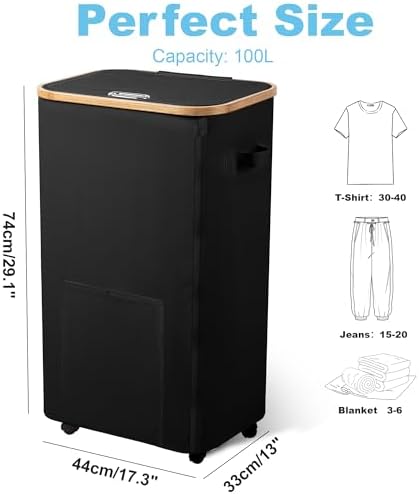 Vincona Laundry Basket with Wheels, Tall Dirty Clothes Hamper on Wheels, Rolling Laundry Hamper with lid for Dorm, Bedroom and Bathroom (Black, 100L) - Image 2
