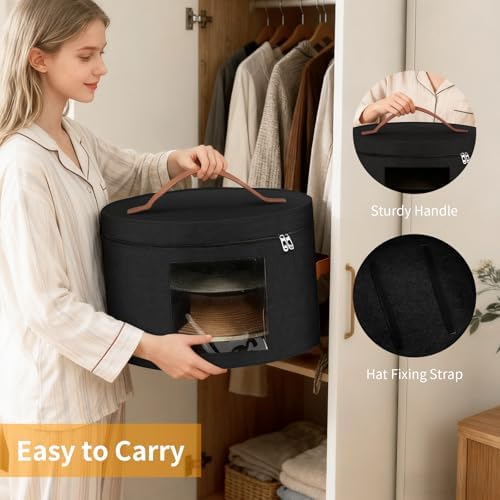 Samplife Hat Box,Hat Storage Box,Stackable Round Brim Hats Organizer Bag Container for Closet,Travel Hat Boxes for Women, Cowboy Hat Organizer, FoldableTravel Cap Boxes (02-Black, 16.5" D x 10.5" H) - Image 3