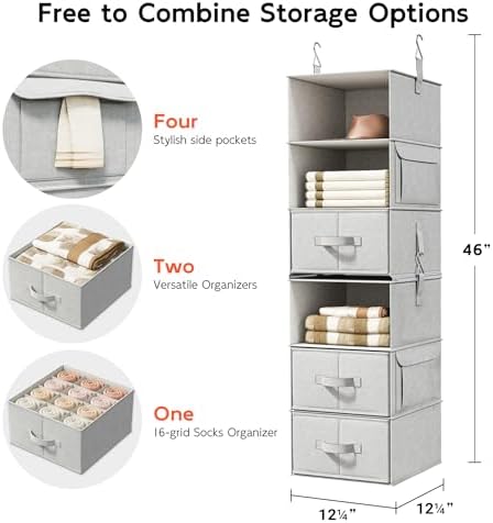 6-Shelf Hanging Closet Organizer with 3 Drawers, Separable, Silver Gray | Converts into Two 3-Shelf Organizers, Foldable Drawers, Side Pockets, Ideal for Wardrobe, Nursery, Dorm & Closet Storage - Image 3