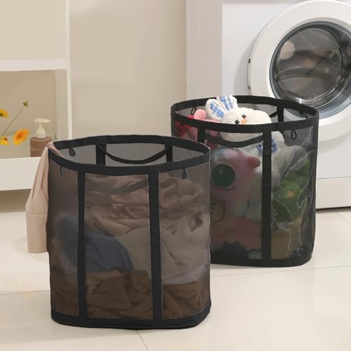 Mesh Bag with Handles, Collapsible Laundry Basket, Foldable Laundry Bag, Breathable Folding Beach Bag,Space-saving Travel Tote Bags (2, Black) by HGZBS