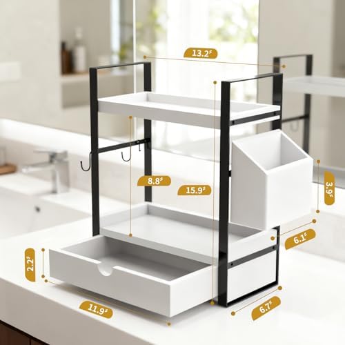 2-Tired Bathroom Counter Organizers and Storage, Bathroom Countertop Organizer with Drawer, Solid Wood Skincare Perfume Organizer for Vanity Kitchen Corner Shelf Office Countertop (White) - Image 3