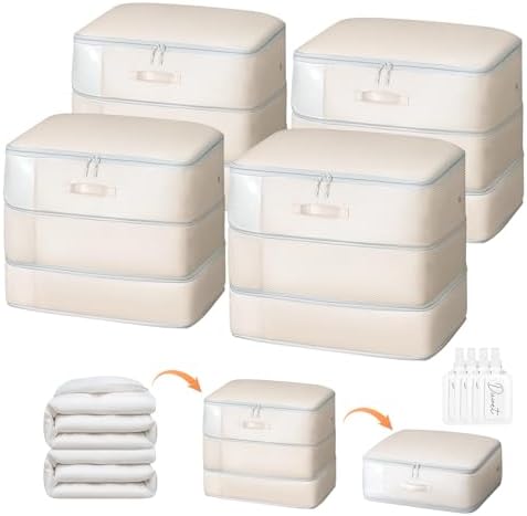 DIMJ Comforter Storage Bag - Large Capacity Ultra Space Saving Self Compression Organize for Duvet, Pillow, Bedding, Blanket Storage Organizer Nylon Compression Bags, Sheet Storage, Beige, 4 Pack by DiMJ