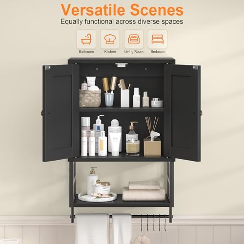 Bathroom Wall Cabinet, Farmhouse Medicine Storage with Towel Bar, Black - Image 4