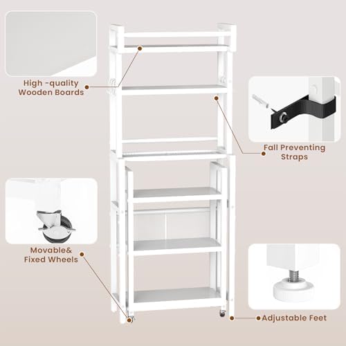 Recaceik 6-Tier Over The Toilet Storage Shelf with Cart, Freestanding Above Toilet Shelf Rack, Farmhouse Bathroom Organizer Shelves, Space Saver (White) - Image 4
