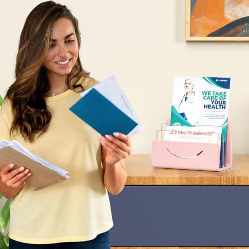 Mail Organizer Envelope Holder - 3 Compartments Pink Acrylic Mail Holder Countertop Home Office Desk Organizer Small File Sorter Vertical Bill Letter Paper Document Storage Rack - Image 7